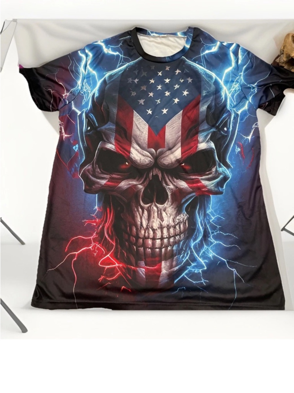 Men's Graphic Skull Flag Short Sleeve Shirt - Blue/Red